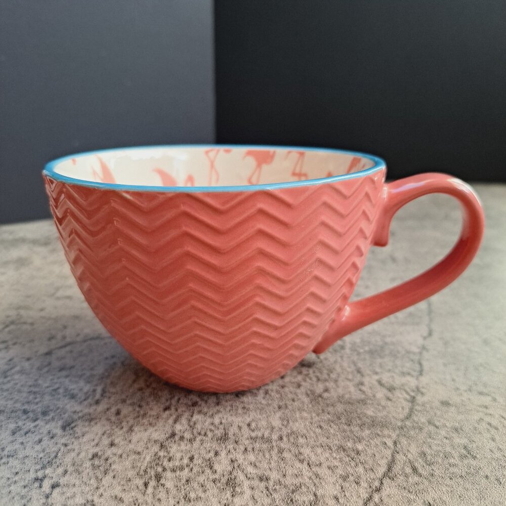 Pfaltzgraff Pink Flamingo Print Chevron Pattern Mug Coffee Cup Wide Mouth 12
OZ
